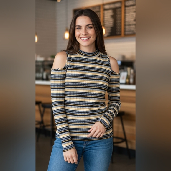 Pink Rose Multicolor Striped Cold Shoulder Top - Picture 1 of 10
